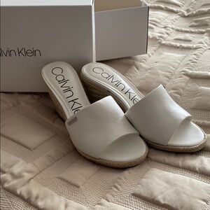 Calvin Klein White Espadrille Slides with Branding